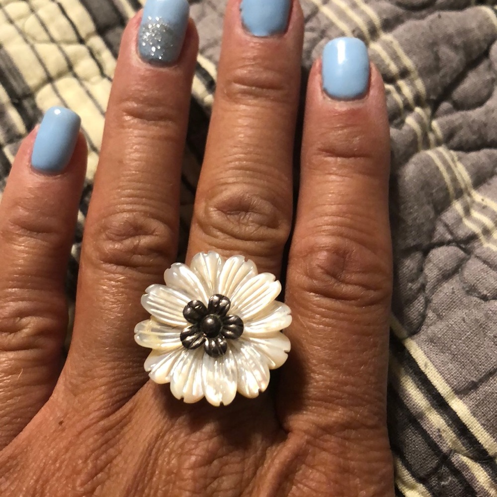 Sterling silver and carved pearl ring
